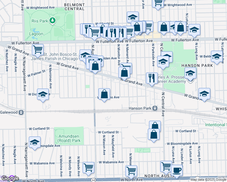 map of restaurants, bars, coffee shops, grocery stores, and more near 2130 North Monitor Avenue in Chicago