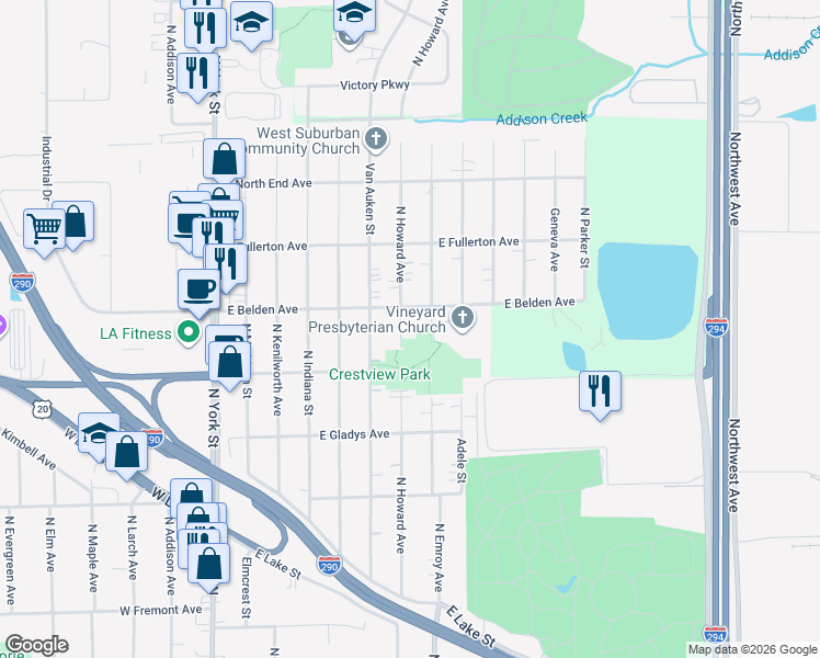 map of restaurants, bars, coffee shops, grocery stores, and more near 276 East Belden Avenue in Elmhurst
