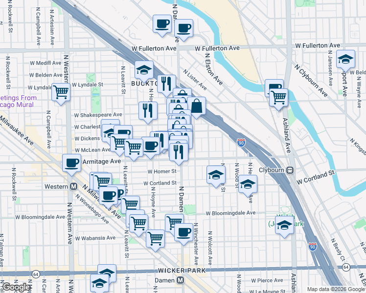 map of restaurants, bars, coffee shops, grocery stores, and more near 2042 North Damen Avenue in Chicago