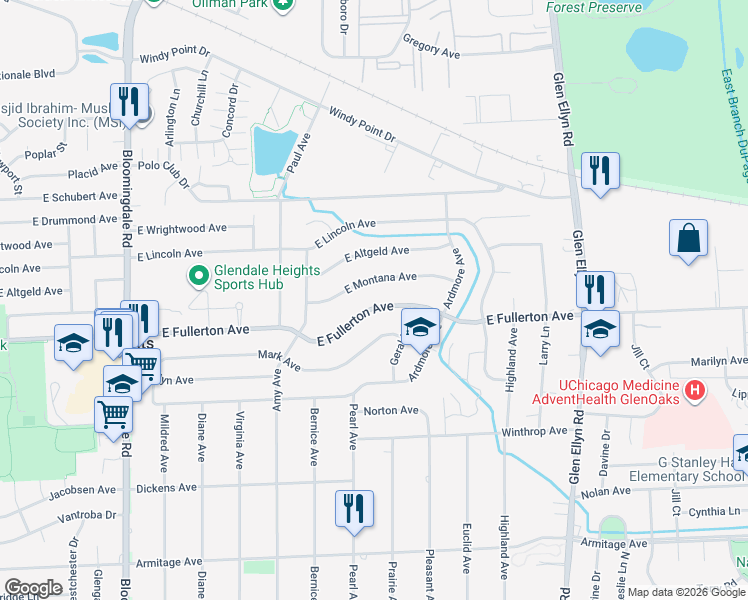 map of restaurants, bars, coffee shops, grocery stores, and more near 420 Fullerton Avenue in Glendale Heights
