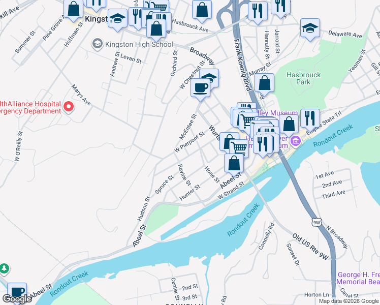 map of restaurants, bars, coffee shops, grocery stores, and more near 91b West Pierpont Street in Kingston