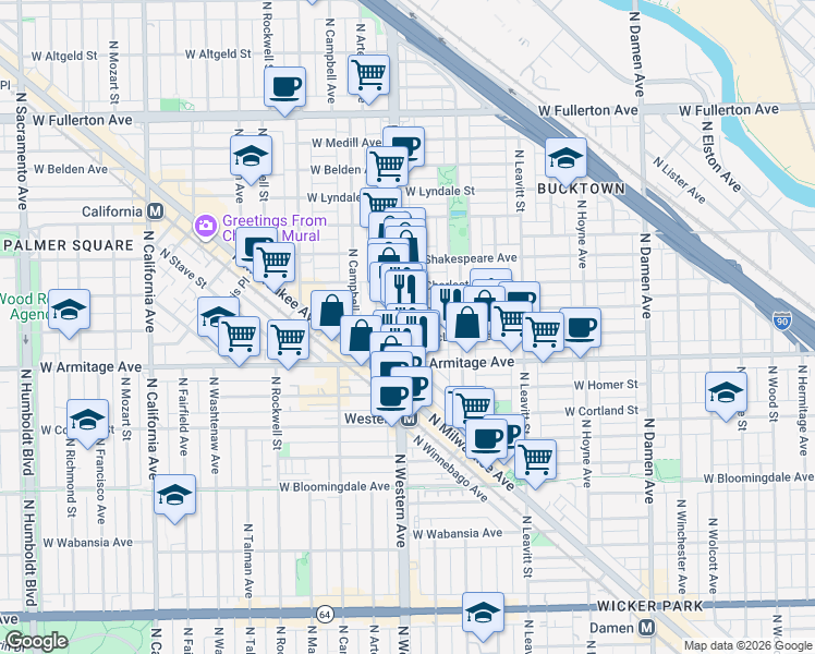map of restaurants, bars, coffee shops, grocery stores, and more near 2035 North Western Avenue in Chicago