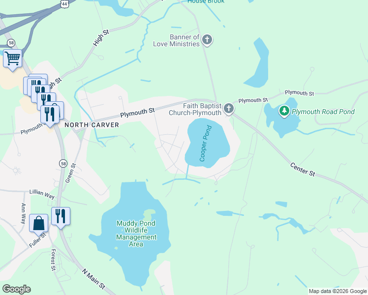 map of restaurants, bars, coffee shops, grocery stores, and more near 17 Brockton Avenue in Carver