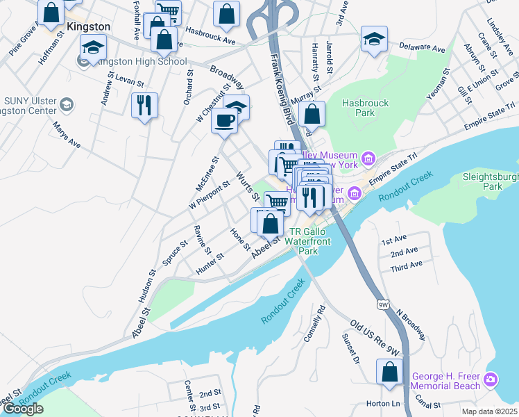 map of restaurants, bars, coffee shops, grocery stores, and more near 15 Presidents Place in Kingston