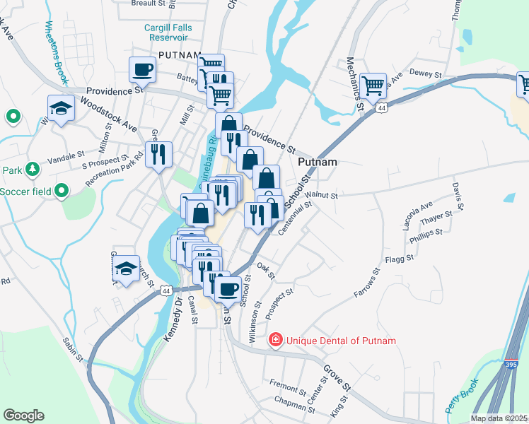 map of restaurants, bars, coffee shops, grocery stores, and more near 75 Railroad Street in Putnam