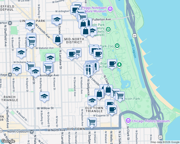 map of restaurants, bars, coffee shops, grocery stores, and more near 2007 North Sedgwick Street in Chicago