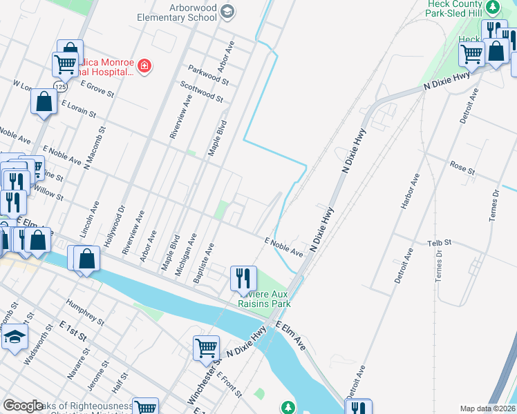 map of restaurants, bars, coffee shops, grocery stores, and more near 446 Lapointe Avenue in Monroe