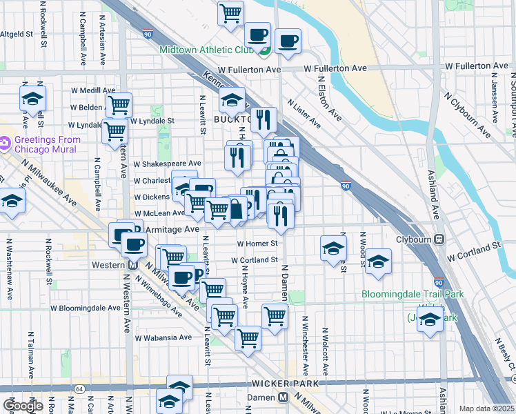 map of restaurants, bars, coffee shops, grocery stores, and more near 2049 West Dickens Avenue in Chicago