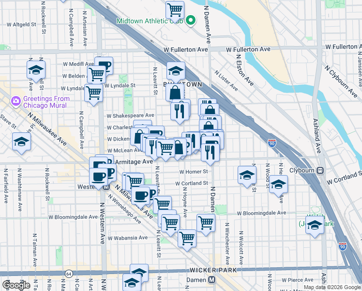 map of restaurants, bars, coffee shops, grocery stores, and more near 2030 North Hoyne Avenue in Chicago