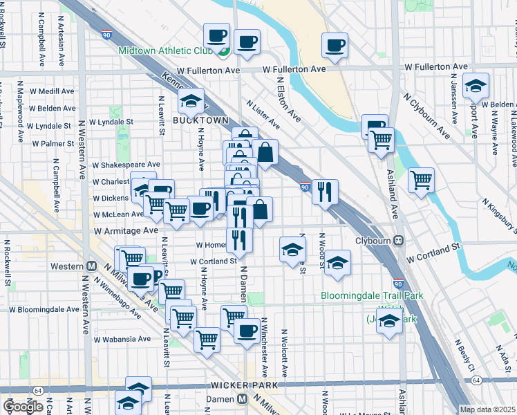 map of restaurants, bars, coffee shops, grocery stores, and more near 2028 North Winchester Avenue in Chicago