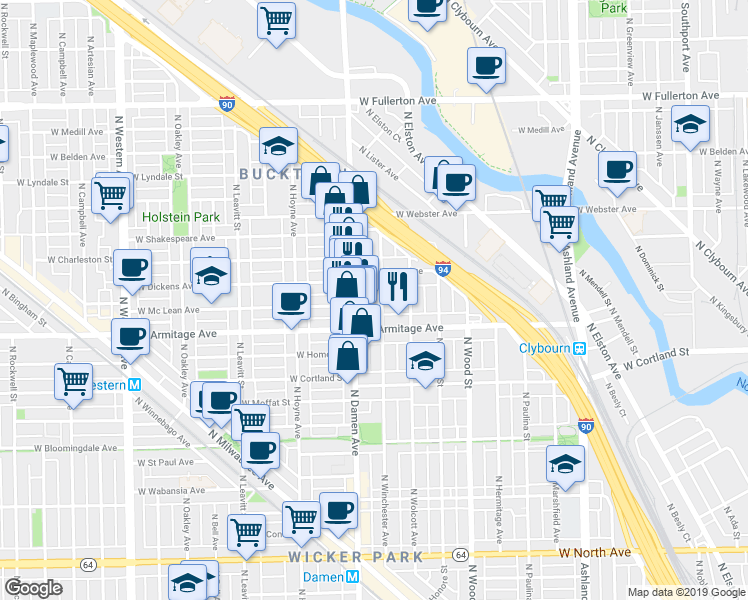 map of restaurants, bars, coffee shops, grocery stores, and more near 2028 North Winchester Avenue in Chicago