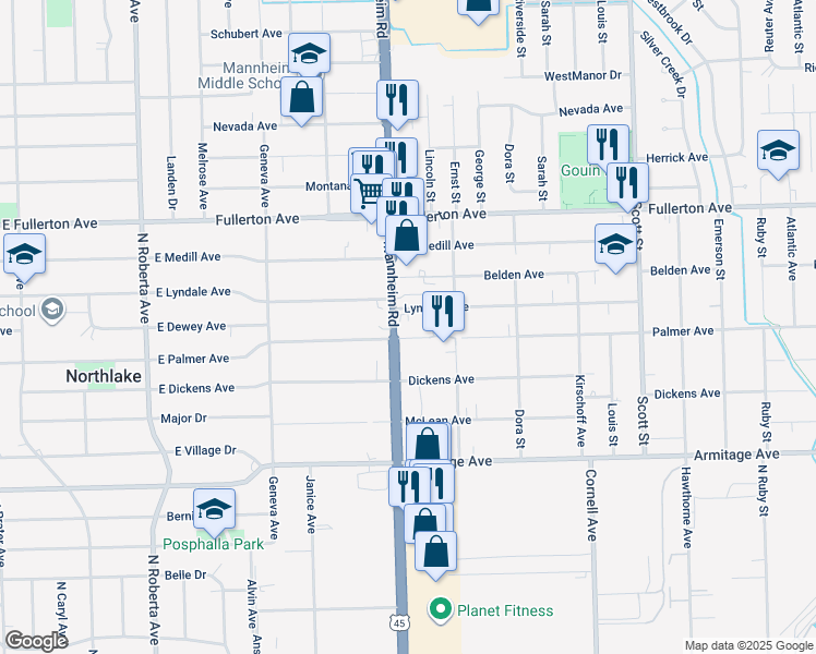 map of restaurants, bars, coffee shops, grocery stores, and more near 2241 North Mannheim Road in Melrose Park