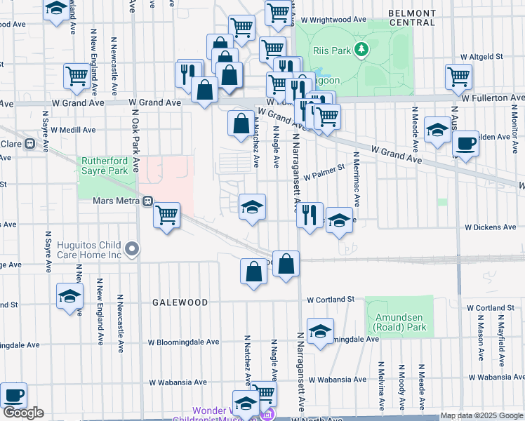 map of restaurants, bars, coffee shops, grocery stores, and more near 2115 North Natchez Avenue in Chicago