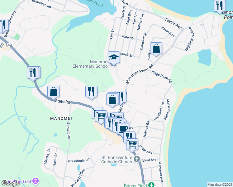 map of restaurants, bars, coffee shops, grocery stores, and more near 54 Manomet Point Road in Plymouth