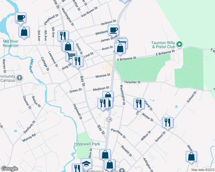 map of restaurants, bars, coffee shops, grocery stores, and more near 213 Broadway in Taunton