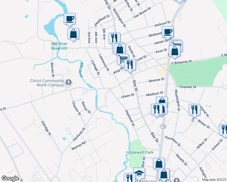 map of restaurants, bars, coffee shops, grocery stores, and more near in Taunton