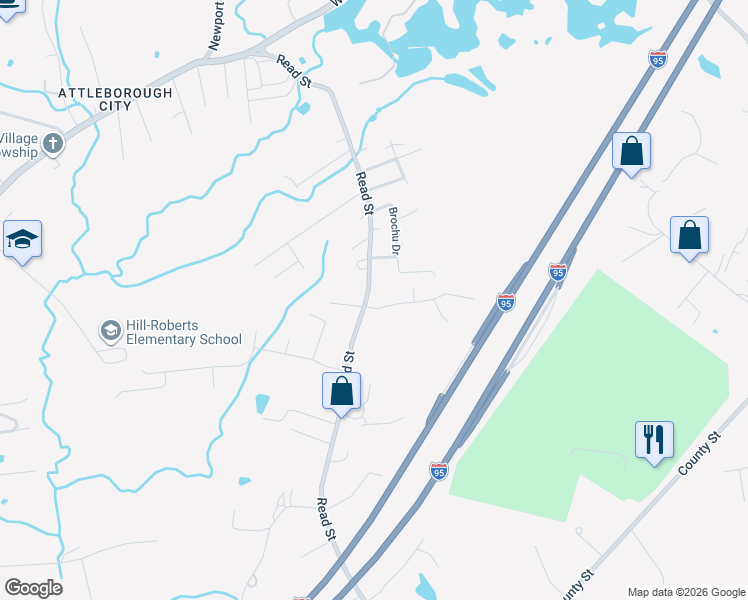 map of restaurants, bars, coffee shops, grocery stores, and more near 257 Read Street in Attleboro