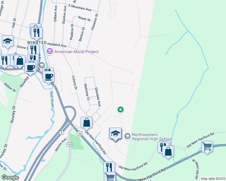 map of restaurants, bars, coffee shops, grocery stores, and more near 92 Oakdale Avenue in Winsted