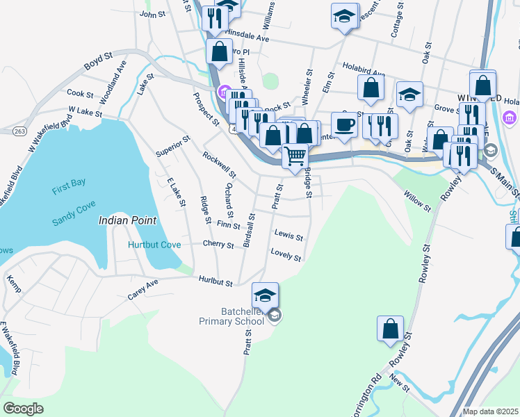 map of restaurants, bars, coffee shops, grocery stores, and more near 30 Birdsall Street in Winsted