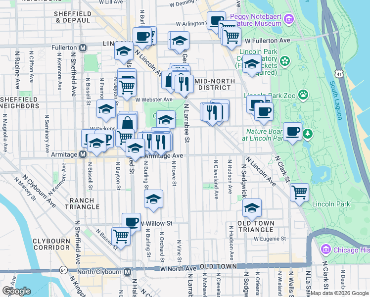 map of restaurants, bars, coffee shops, grocery stores, and more near 2037 North Larrabee Street in Chicago