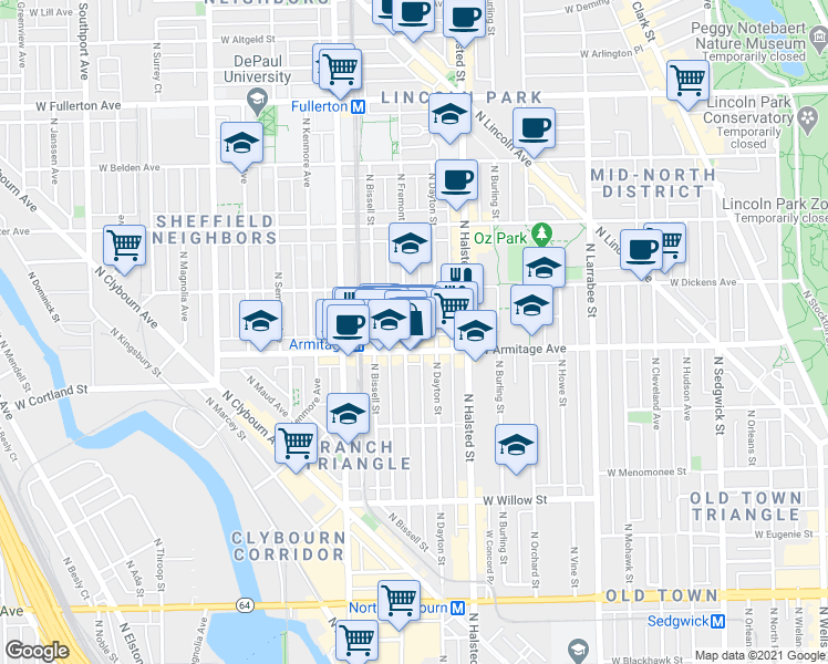 map of restaurants, bars, coffee shops, grocery stores, and more near 2024 North Fremont Street in Chicago
