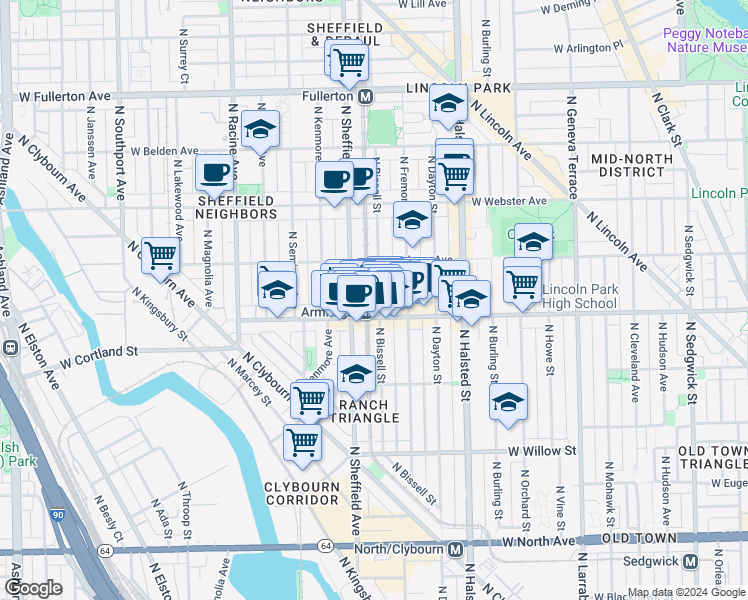 map of restaurants, bars, coffee shops, grocery stores, and more near 2028 North Bissell Street in Chicago