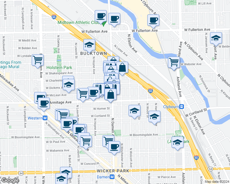 map of restaurants, bars, coffee shops, grocery stores, and more near 2042 North Damen Avenue in Chicago