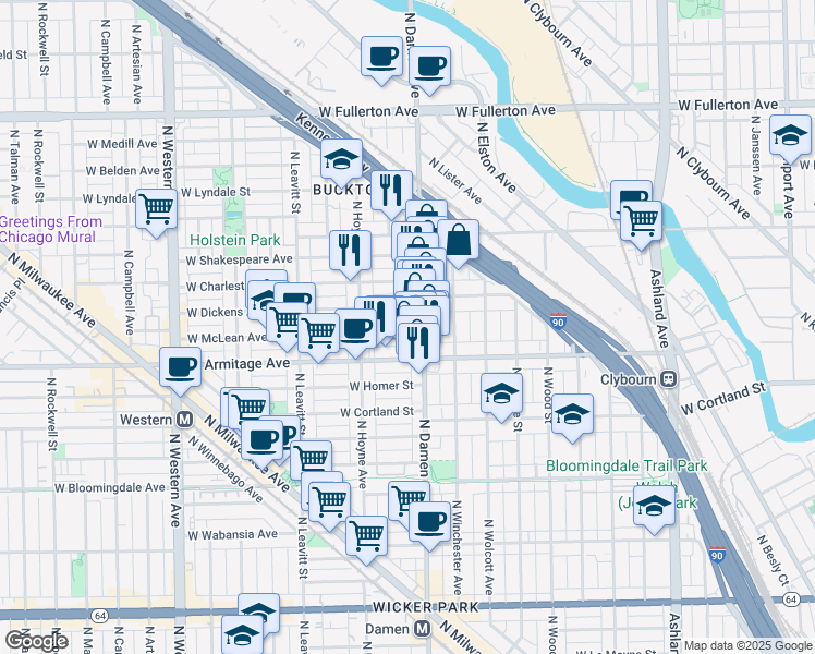 map of restaurants, bars, coffee shops, grocery stores, and more near 2042 North Damen Avenue in Chicago
