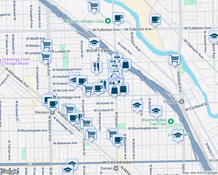 map of restaurants, bars, coffee shops, grocery stores, and more near 2042 North Damen Avenue in Chicago