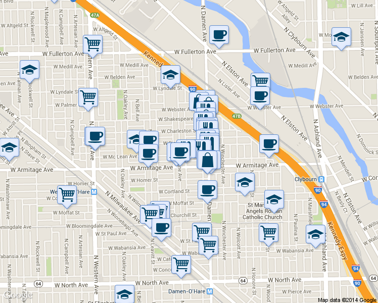 map of restaurants, bars, coffee shops, grocery stores, and more near 2049 West Dickens Avenue in Chicago