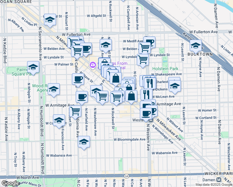 map of restaurants, bars, coffee shops, grocery stores, and more near 2084 North Milwaukee Avenue in Chicago