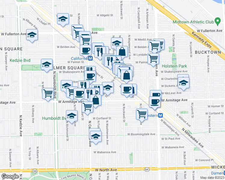 map of restaurants, bars, coffee shops, grocery stores, and more near in Chicago