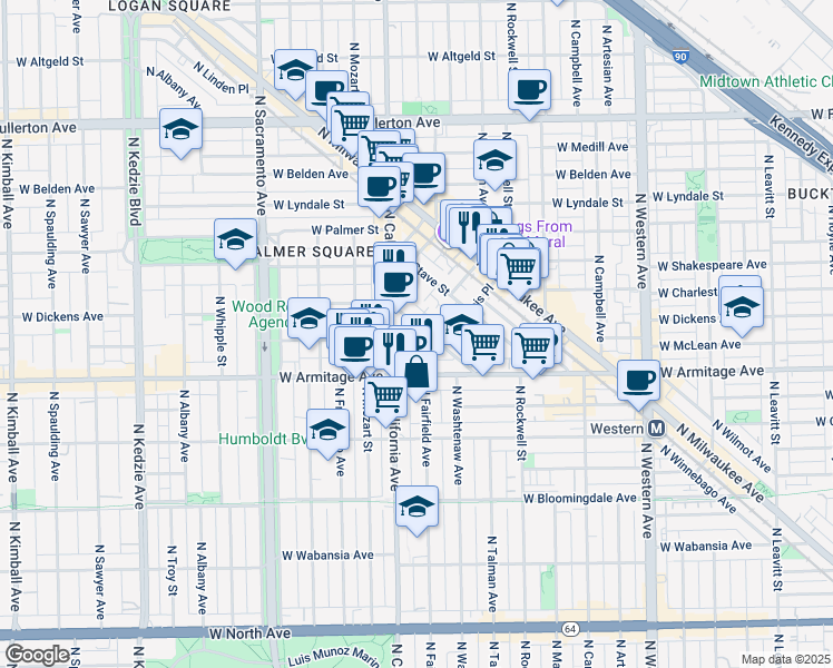 map of restaurants, bars, coffee shops, grocery stores, and more near 2123 North Point Street in Chicago