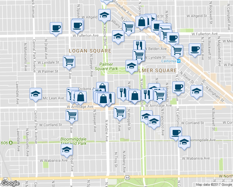 map of restaurants, bars, coffee shops, grocery stores, and more near 2053 North Albany Avenue in Chicago