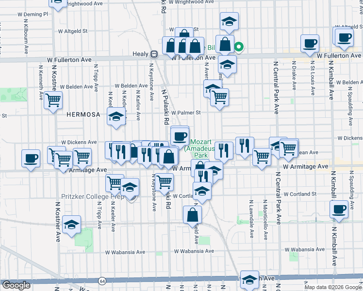 map of restaurants, bars, coffee shops, grocery stores, and more near 3944 West Dickens Avenue in Chicago