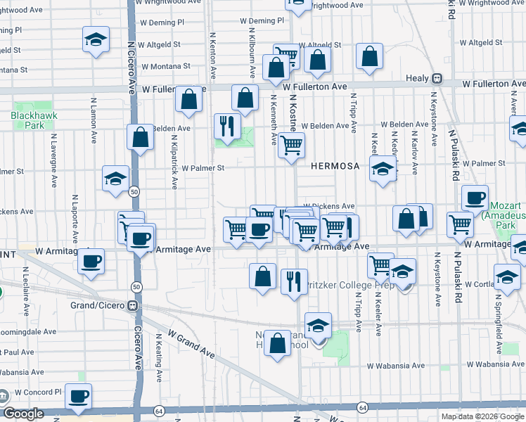 map of restaurants, bars, coffee shops, grocery stores, and more near 2102 North Kenneth Avenue in Chicago