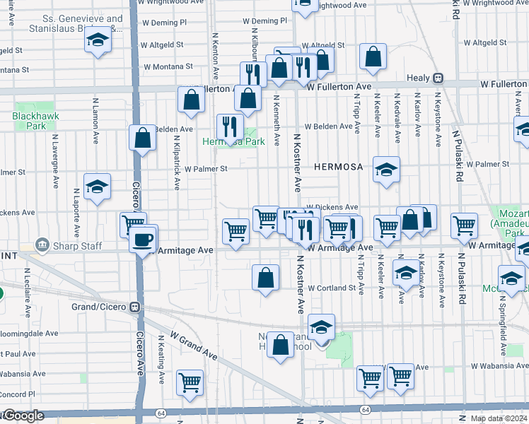 map of restaurants, bars, coffee shops, grocery stores, and more near 2102 North Kenneth Avenue in Chicago
