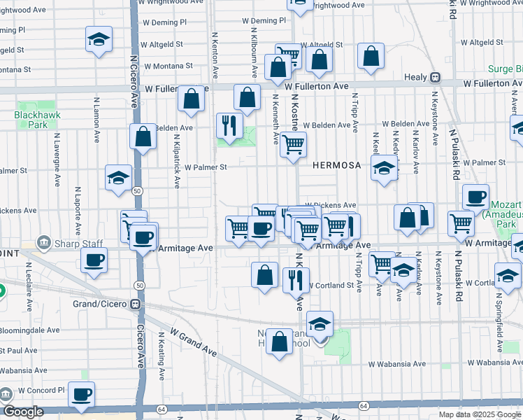 map of restaurants, bars, coffee shops, grocery stores, and more near 2102 North Kenneth Avenue in Chicago