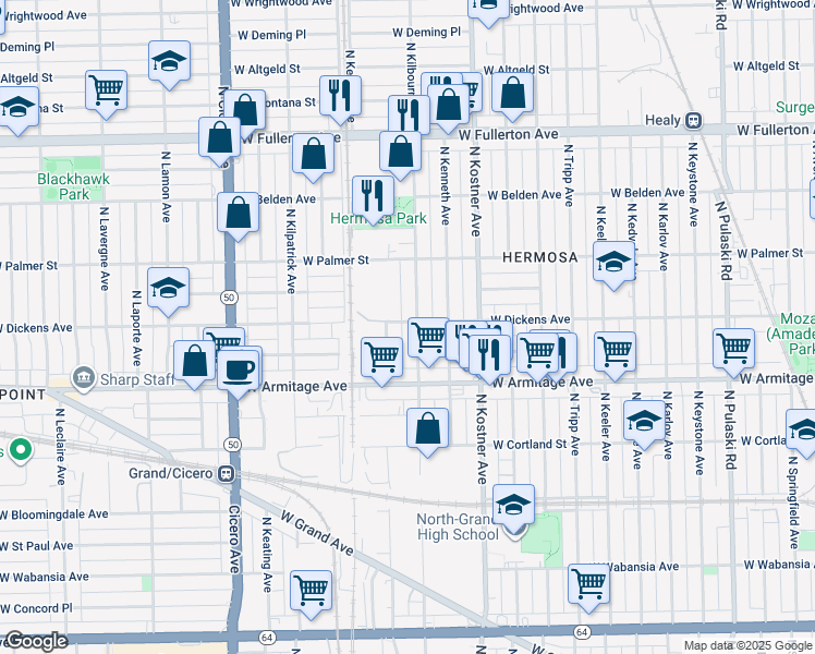 map of restaurants, bars, coffee shops, grocery stores, and more near 2101 North Kolmar Avenue in Chicago