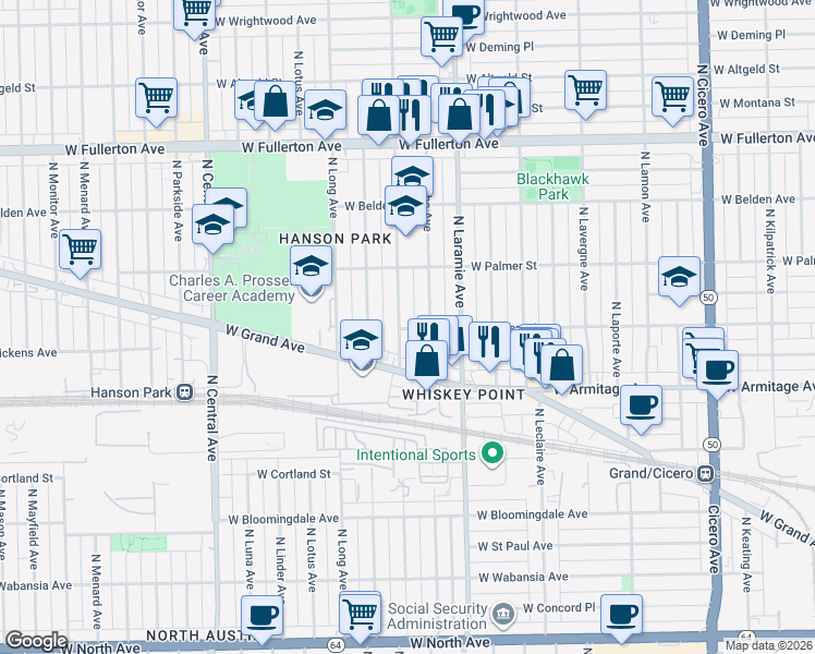 map of restaurants, bars, coffee shops, grocery stores, and more near 2110 North Latrobe Avenue in Chicago