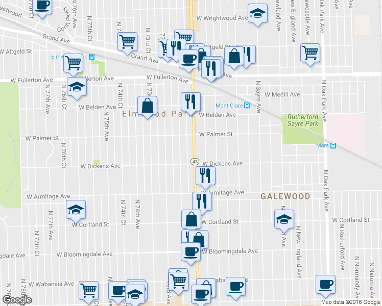 map of restaurants, bars, coffee shops, grocery stores, and more near 2123 North 72nd Court in Elmwood Park