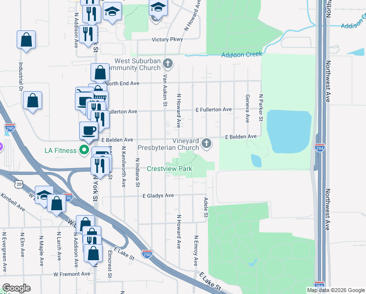 map of restaurants, bars, coffee shops, grocery stores, and more near 276 East Belden Avenue in Elmhurst