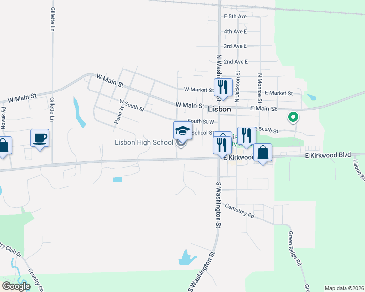 map of restaurants, bars, coffee shops, grocery stores, and more near South Jefferson Street in Lisbon