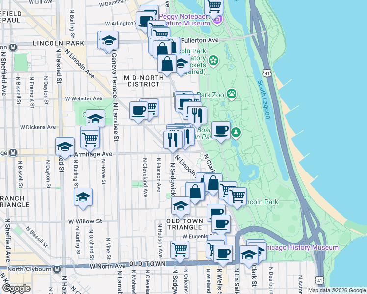 map of restaurants, bars, coffee shops, grocery stores, and more near 2026 North Clark Street in Chicago