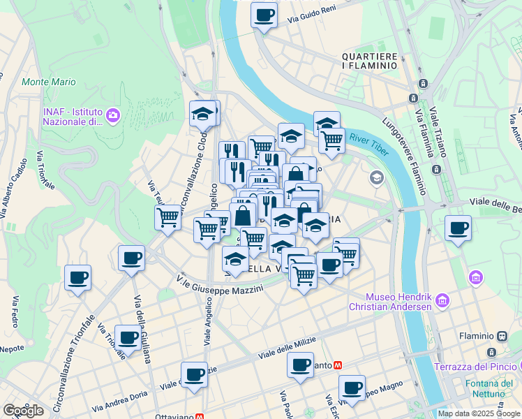map of restaurants, bars, coffee shops, grocery stores, and more near 51 Via Oslavia in Rome