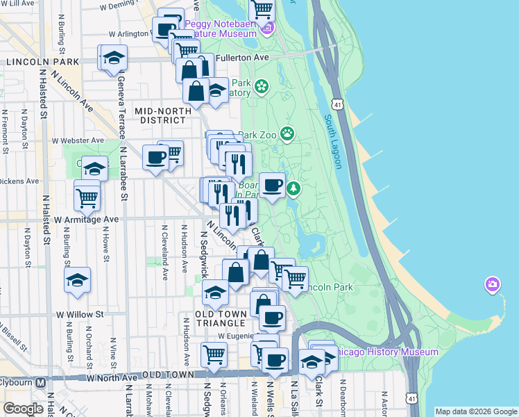 map of restaurants, bars, coffee shops, grocery stores, and more near 2001 North Clark Street in Chicago