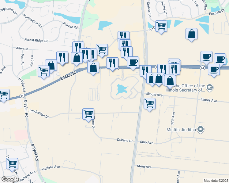 map of restaurants, bars, coffee shops, grocery stores, and more near 124 Lakeside Drive in St. Charles