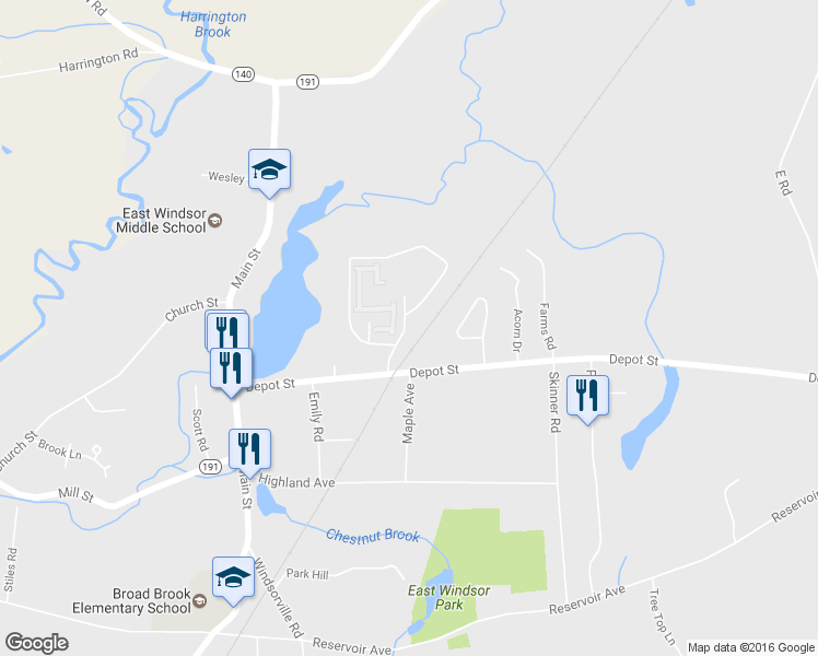 map of restaurants, bars, coffee shops, grocery stores, and more near 98 Mill Pond Road in East Windsor