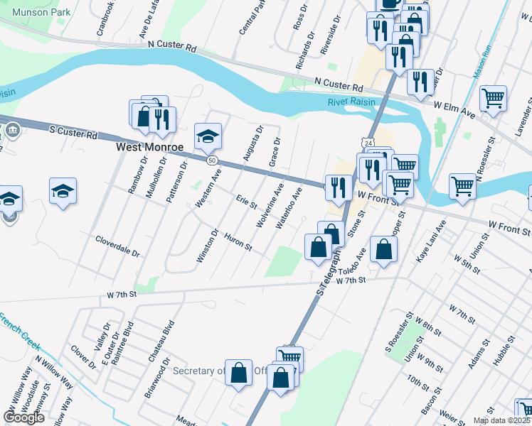 map of restaurants, bars, coffee shops, grocery stores, and more near 732 Wolverine Avenue in Monroe
