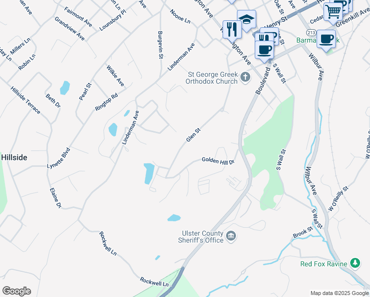 map of restaurants, bars, coffee shops, grocery stores, and more near 100 Glen Street in Kingston